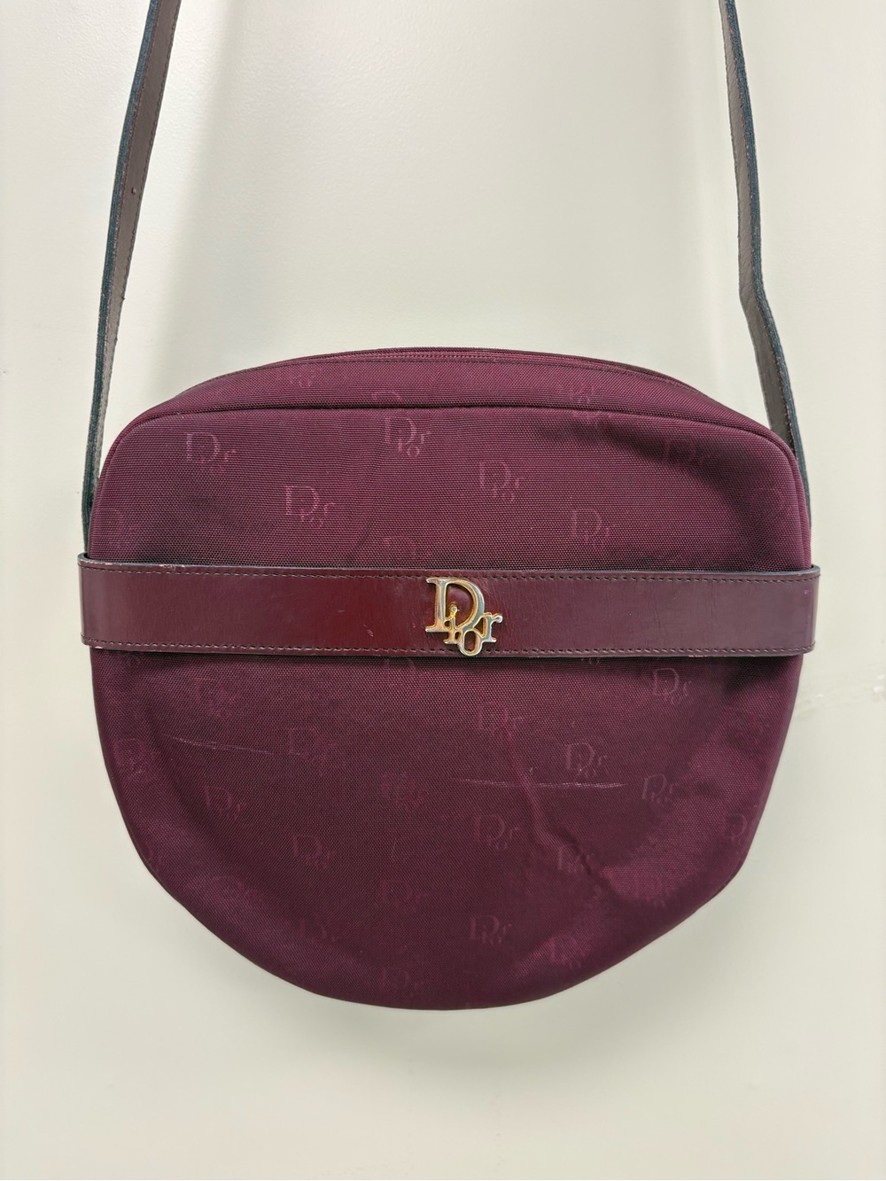 Vintage Christian Dior Burgundy Jacquard Canvas Oval Crossbody Shoulder Bag Auth